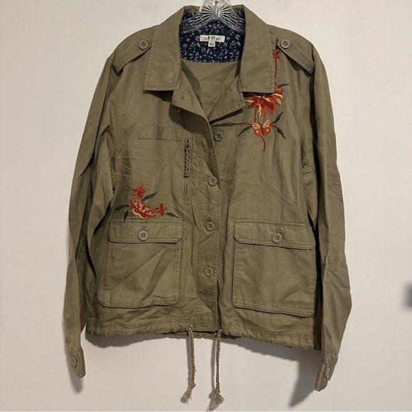 Orvis linen and cotton button down Jacket Amy green Embroidered floral Pockets - Picture 1 of 8